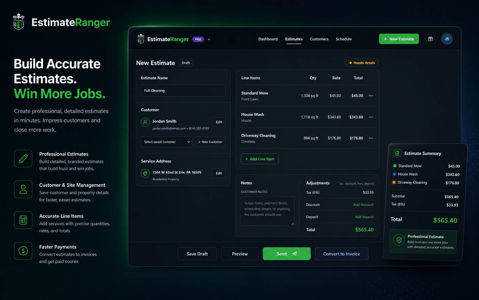 EstimateRanger estimate editor preview showing customer, services, totals, and sending controls