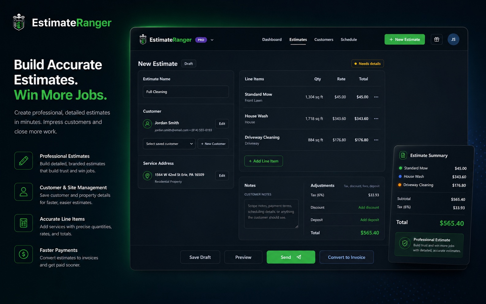 EstimateRanger estimate editor preview showing customer, services, totals, and sending controls