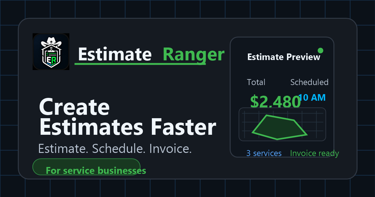 EstimateRanger app preview showing estimate creation, scheduling, and invoicing
